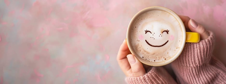 Cup of coffee with a happy smiling face, wake up in the morning, hot drink with caffeine, take a break, positive attitude