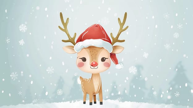 Reindeer with red santa claus hat and snowflakes, merry christmas holiday greeting card, winter season blue color, xmas