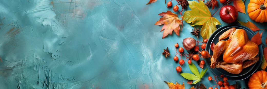 Thanksgiving background, roast turkey, pumpkin, autumn foliage, apples, pine cones and berries, banner with copy space