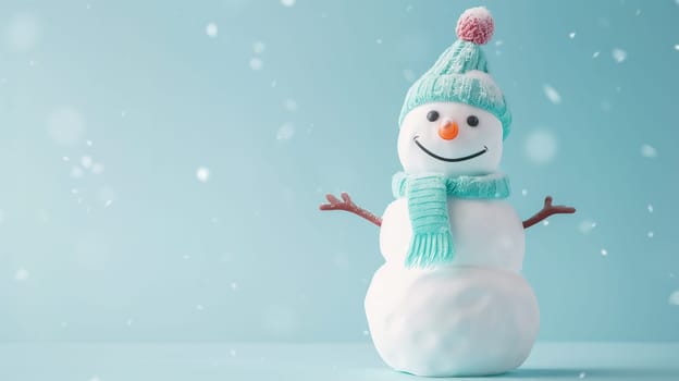 Happy smiling snowman with a wool hat and scarf, snow falling, christmas holiday, winter season