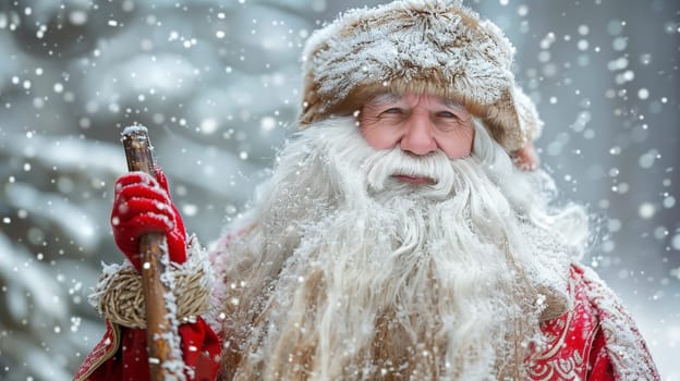 Portrait of Santa Claus in the snow covered forest, winter holiday season, Xmas greeting card