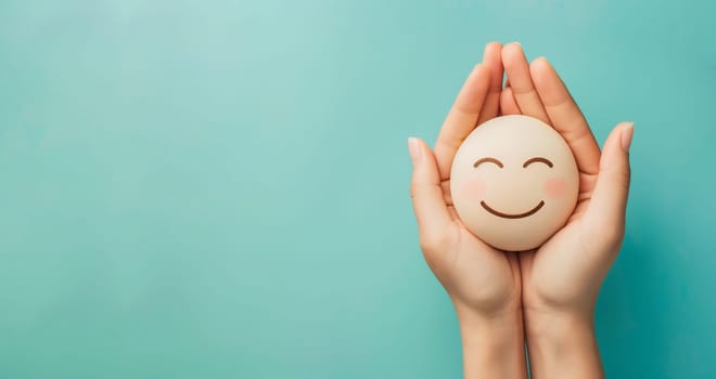 Holding a happy smiling face, love and emotion, mental health concept, positive thinking mind and attitude, support and self esteem