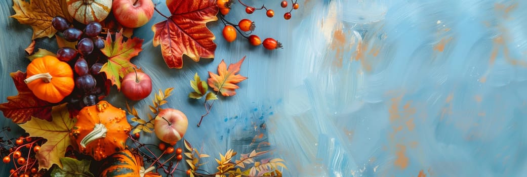 Thanksgiving background, pumpkin, autumn foliage, apples, grapes and berries, banner with copy space
