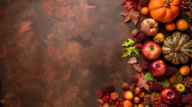 Thanksgiving background, pumpkin, autumn foliage, apples, pine cones and berries, banner with copy space