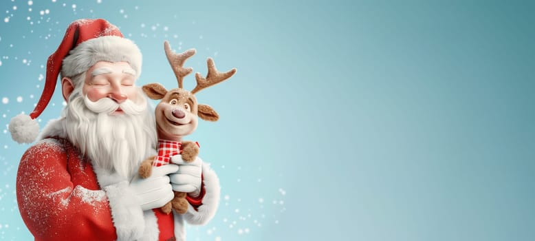 Happy smiling Santa Claus holding baby reindeer in his arms, winter holiday season, christmas greeting card, blue background