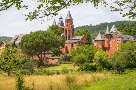 Exterior View of the Church of Saint-Pierre and village in Collonges-la-Rouge, France