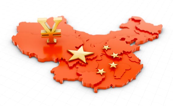 Golden sign of the yuan on the map of China. 3d rendering.