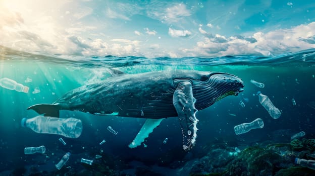 Whale in the ocean with plastic bottles and garbage floating around. Plastic ocean pollution. AI generated
