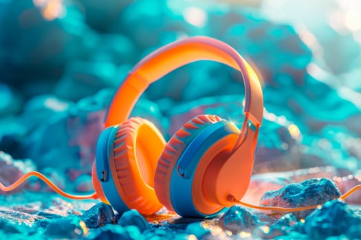 Wired headphones on the rocky background. AI generated