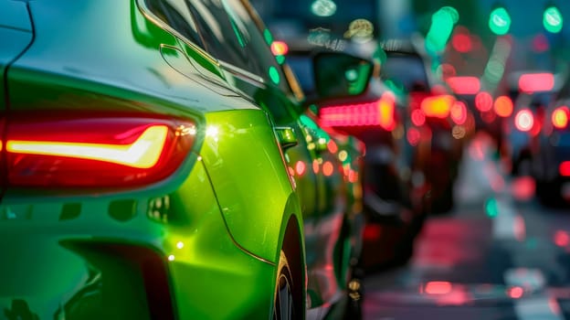 Close-up of the taillight of a green car. Blurred traffic jam and brake light on evening, rear view. AI generated