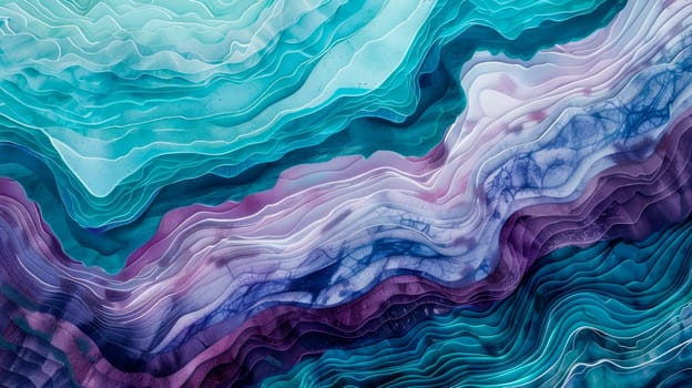 Decorative colorful background. A cross-section of geological layers in wide bands featuring shades of blue, purple, light blue and emerald. AI generated