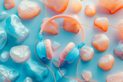 Wired headphones on the glossy stones background. AI generated