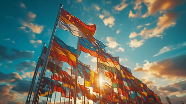 A vivid image of the flags of different countries fluttering in the wind. The Concept of Global Unity and International Cooperation