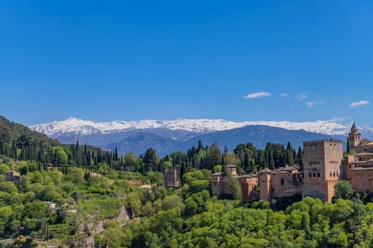 Alhambra palace with the snowy Sierra Nevada in the background, Granada, Andalusia, Spain