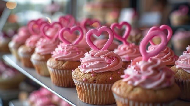 muffins, decorated. pink cream and pink hearts.Valentine's Day