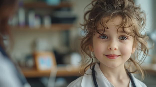 Baby in a medical gown and with a stethoscope around her neck in the doctor's office.National Immunization Awareness Month