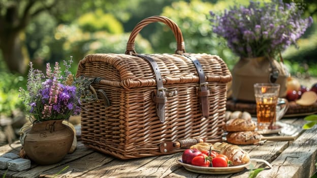 picnic basket, games and everything you need to spend a great day in nature, associated with summer and vacation.