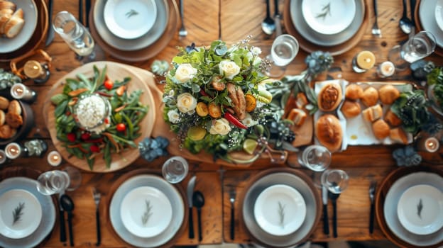 A beautifully laid table in the restaurant with dishes prepared with fresh, farmed ingredients, viewed from above.