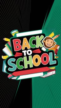 A colorful ,Back to School, sign featuring bright letters and various school supplies, set against a dynamic black and green background.