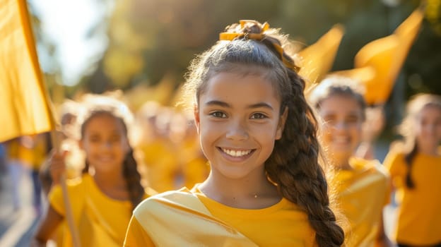 A charity run or walk with participants dressed in gold clothes and holding banners to raise funds for childhood cancer research.