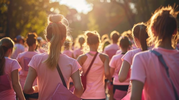 A charity walk or run with participants in pink T-shirts and banners raising funds for breast cancer research.