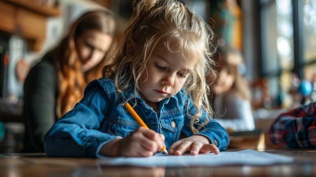 The little girl is writing diligently in her notebook, a lesson in the classroom. The concept of learning and creativity.