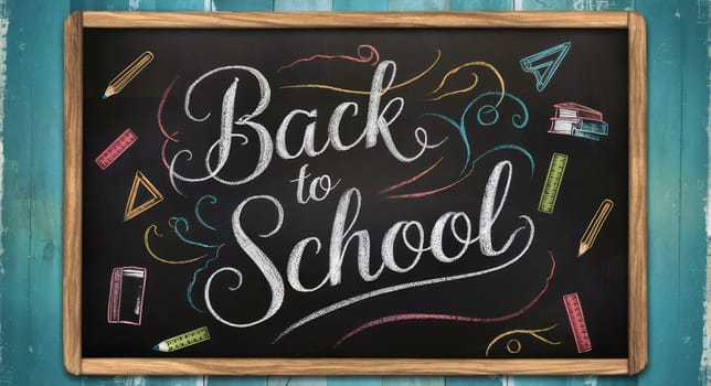 A colorful chalkboard sign that reads ,Back to School, surrounded by drawings of school supplies on a rustic wooden frame and blue background.