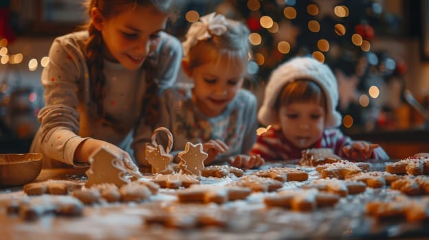 Kids in the kitchen decorating Christmas cookies together with icing and powdered sugar.