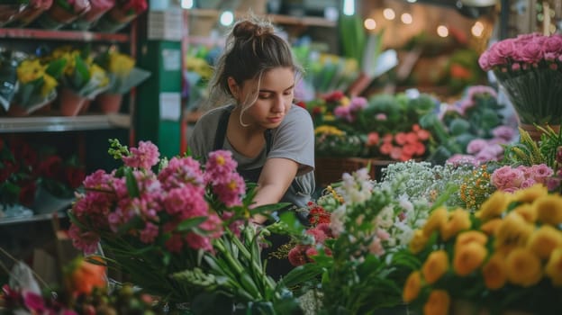 young woman florist in flower shop. Surrounded by bright flowers and greenery, with ready-made bouquets on the shelves in the background.