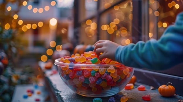 Close-up of a child's hand reaching for a transparent bowl of Halloween candy, with a decorated illuminated house in the background.