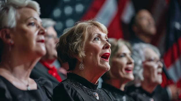 A choir singing a patriotic song of the event, with American flags in the background.