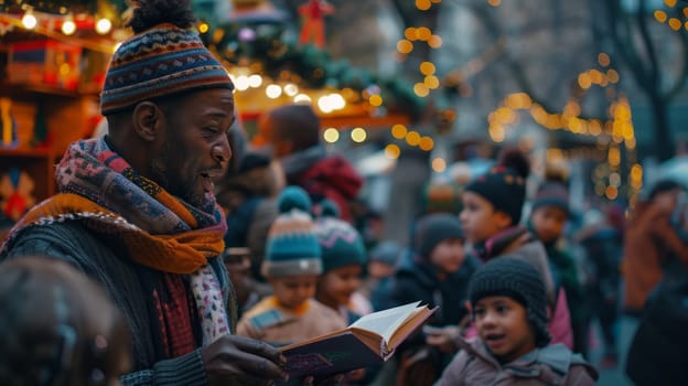 The reader reads multicultural holiday stories to a group of children at the Christmas market, around festive lights and decorations.