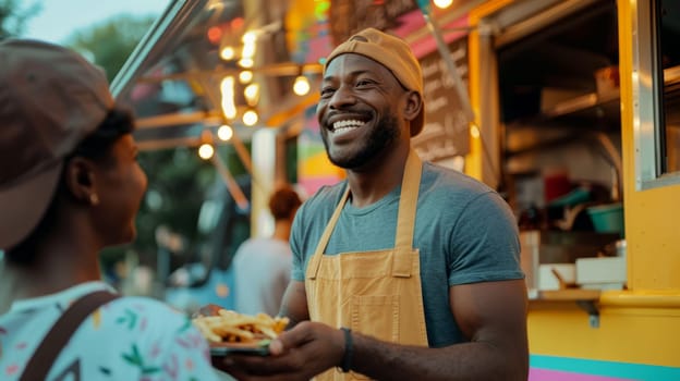 The food truck seller smiles and gives the tacos to the client, and a colorful menu flaunts behind his back.