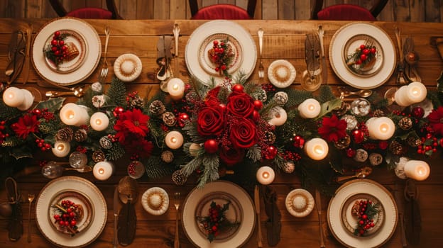 Perfectly laid table for Christmas, view from above .
