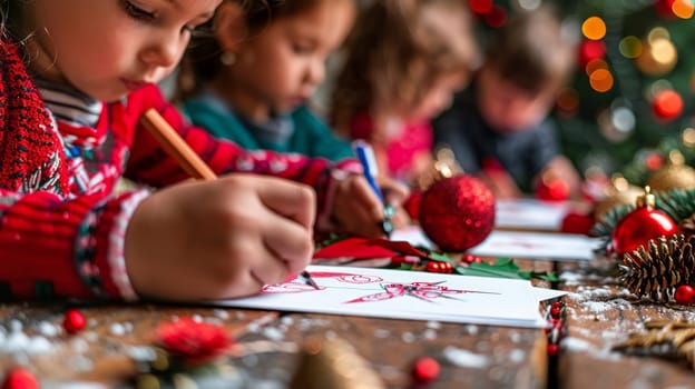 Close-up of children writing and drawing on Christmas cards, with holiday decorations around them.