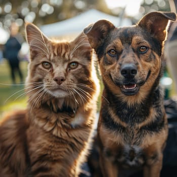 Cat and dog at a fundraising event for animal rescue organizations, with information stands and the possibility of adopting animals