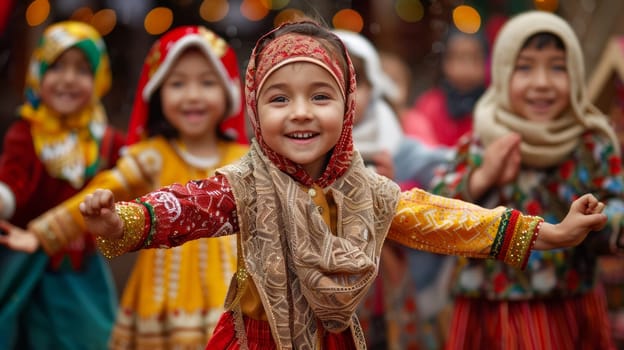 Children dressed in traditional clothes of different cultures perform a festive dance at the festival.