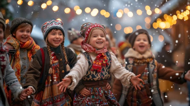 Children dressed in traditional clothes from different cultures perform a festive dance at a Christmas market or festival.