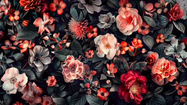 Creative layout made of flowers and leaves. Flat lay. Nature concept. Floral Greeting card. Nature Trendy Decorative Design. AI generated