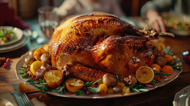 At the top of the table is a perfectly roasted turkey with vegetables Traditional festive food for Christmas or Thanksgiving
