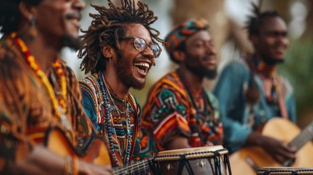 Musicians from different cultures play instruments at a social event.