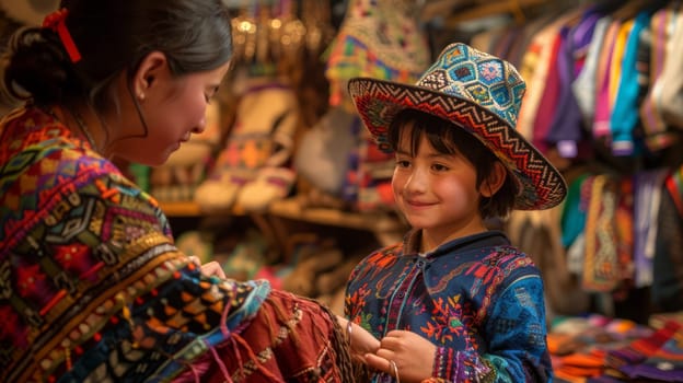 A vendor helps a boy try on a traditional ethnic outfit and hat from his culture in a colorful and diverse market.