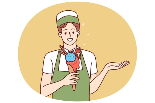 Woman ice cream seller holds cold dessert in waffle cup offering fruit delicacy to refresh after walk. Girl waiter in apron demonstrates ice cream to satisfy hunger in hot summer weather