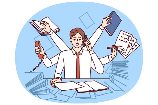 Multi-armed man multitasking with documents and talking on phone at same time sitting in office. Clerk guy wants to achieve career success multitasking to please boss or become manager