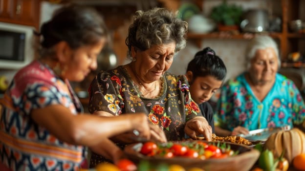 The family cooks traditional Latin American dishes in the kitchen, the children help and learn from their grandmothers