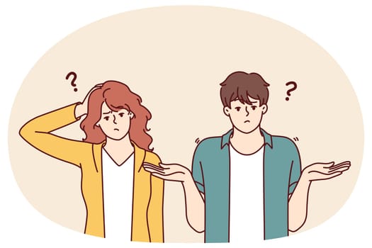 Doubting man and woman shrug hands and touch heads, sign of absence of solution to problem. Doubtful couple of guy and girl experiencing embarrassment do not understand what is happening