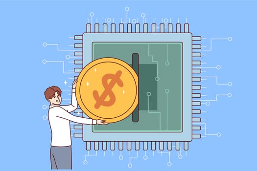 Man invests in development of microchips and semiconductors for computers by inserting coin into microprocessor. Guy finances production of semiconductors and chips in high-tech market
