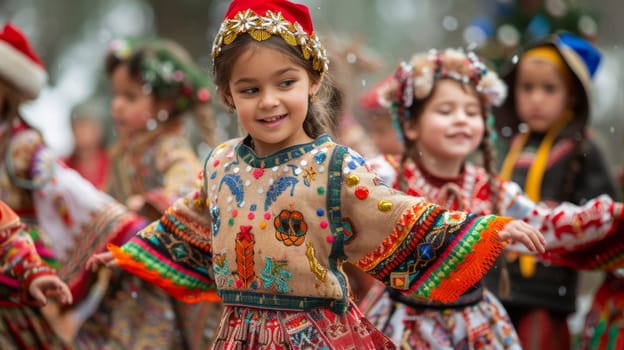 multicultural group Children dressed in traditional clothes of different cultures perform a festive dance at a music festival.