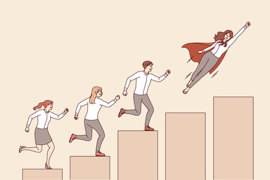 Team of business people climbs charts together and achieves success through teamwork and synergy. Super team of clerks are successfully moving up career ladder thanks to working in excellent company
