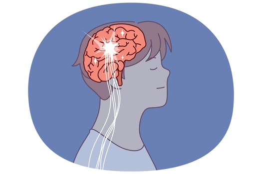 Brain and neural connection lines in head man at time of brainstorming or searching for new ideas. Human brain for concept introducing artificial intelligence and machine learning of computer systems